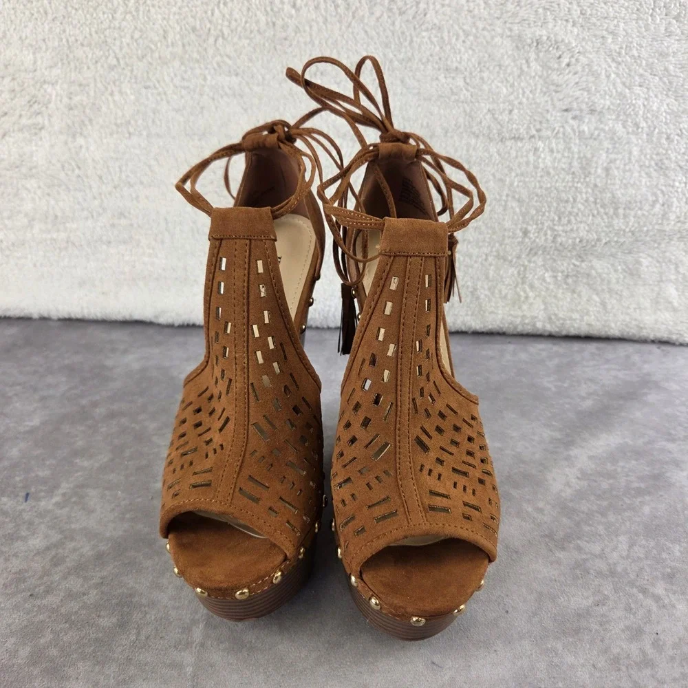 JustFab Brown Faux Suede Laser Cut Studded Tassel Lace Up Platform Wedges